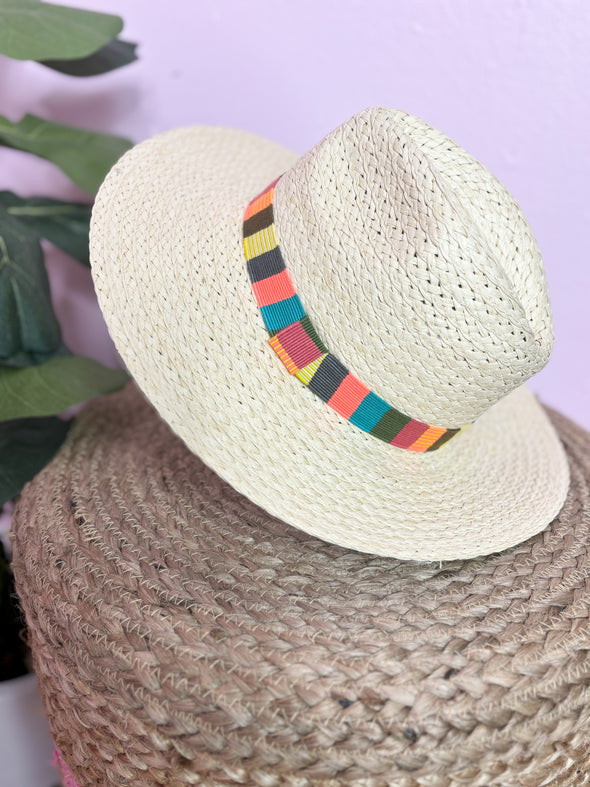 neutral hat with mutli colored band 