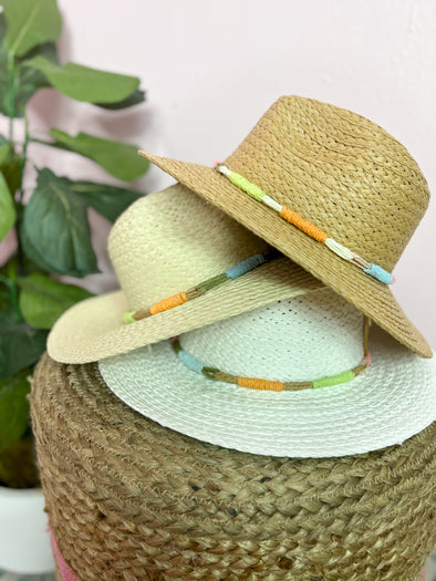 Tan, Natural, and White hat with multi colored rope band 