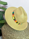 beige hat with multi colored band