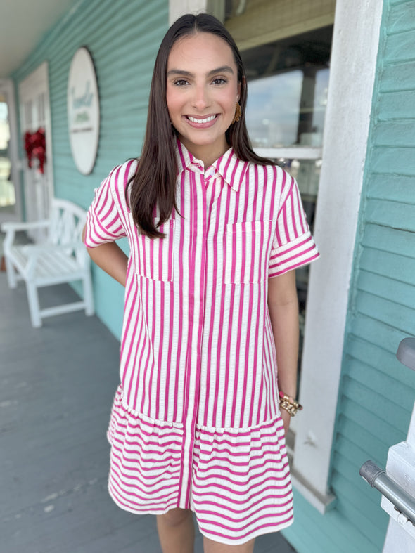 (THML)The Rae Stripe Ruffle Dress-Pink