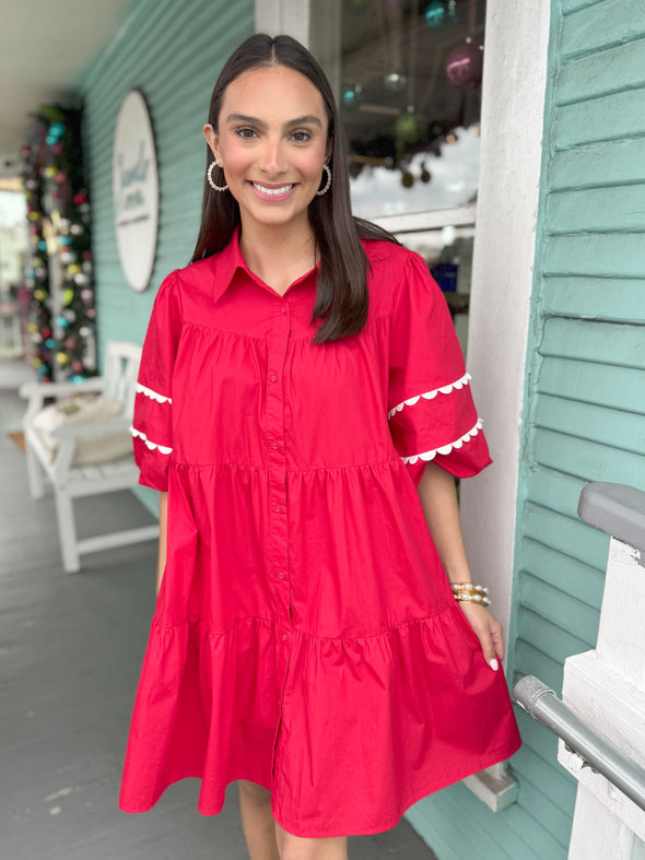 The Andrea Poplin Lace Trimmed Collar Dress-Red