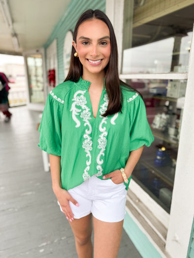 The Evelyn Embroidered Top-Green