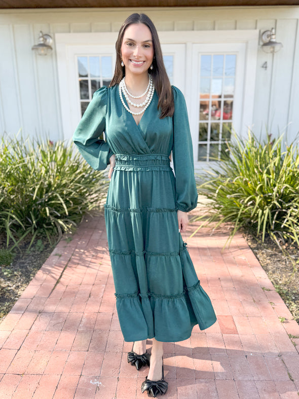 The Dabney Satin Pleated Dress-Hunter Green