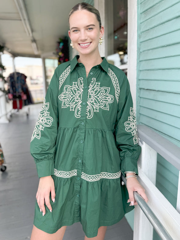 The Joanna Embroidered Long Sleeve Dress-Hunter Green