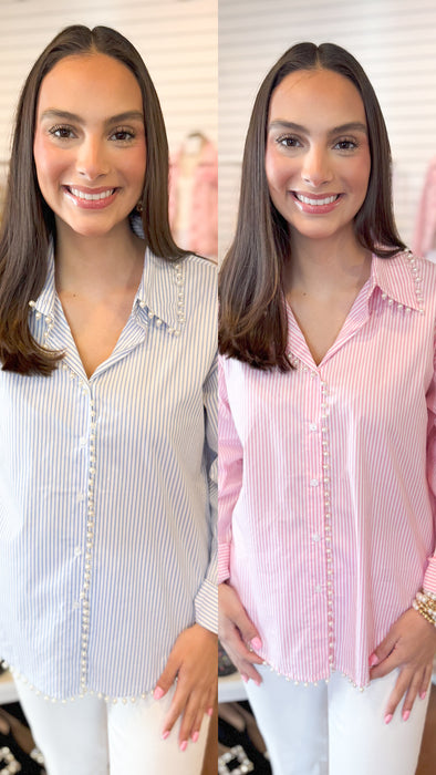 pink stripe or blue stripe button down with pearl details 
