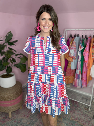 pink and blue and white pattern THML dress