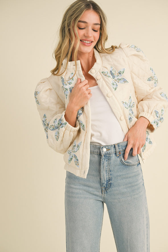 The Emma Patchwork Quilted Jacket-Cream/Blue