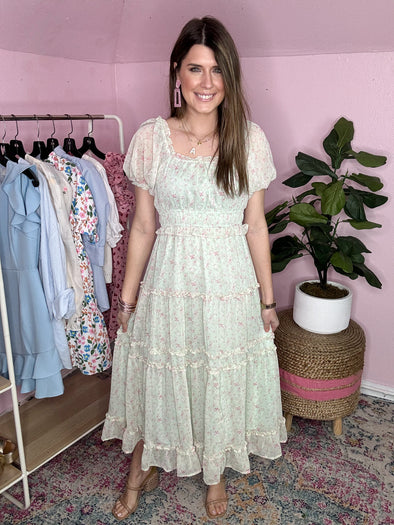 mint midi dress with pink floral flowers