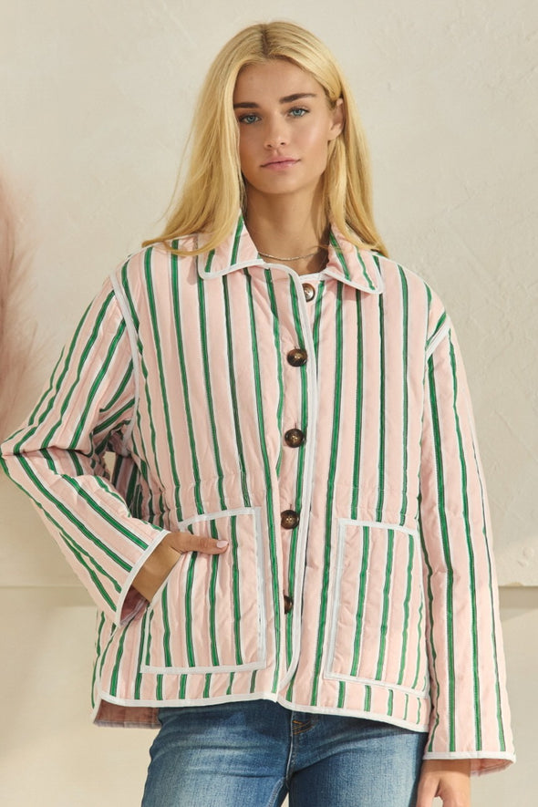 The Relia Reversible Stripe Quilted Jacket-Pink