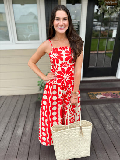 red and white floral dress with polka dots