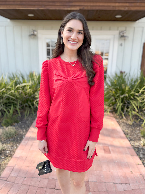 The Dilion Textured Bow Dress-Red