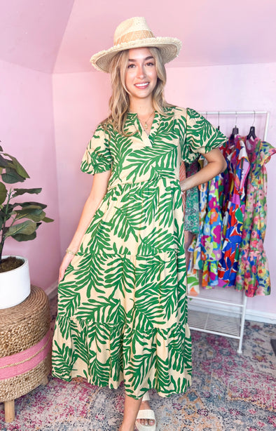 green palm print dress