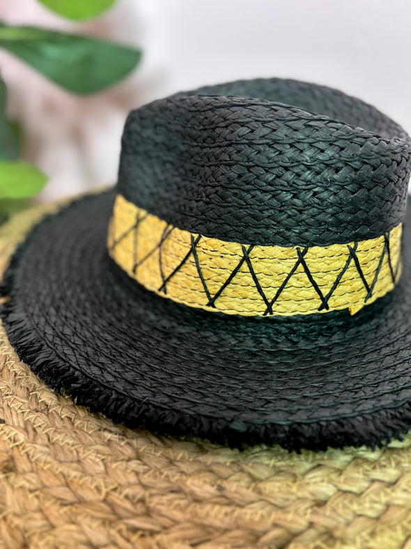 black hat with neutral band and frayed edges 