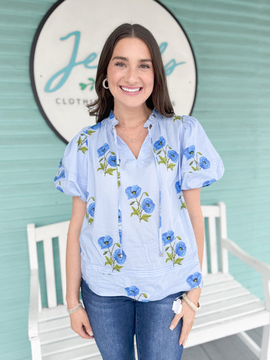 The Jared Floral Puff Sleeve Top-Blue