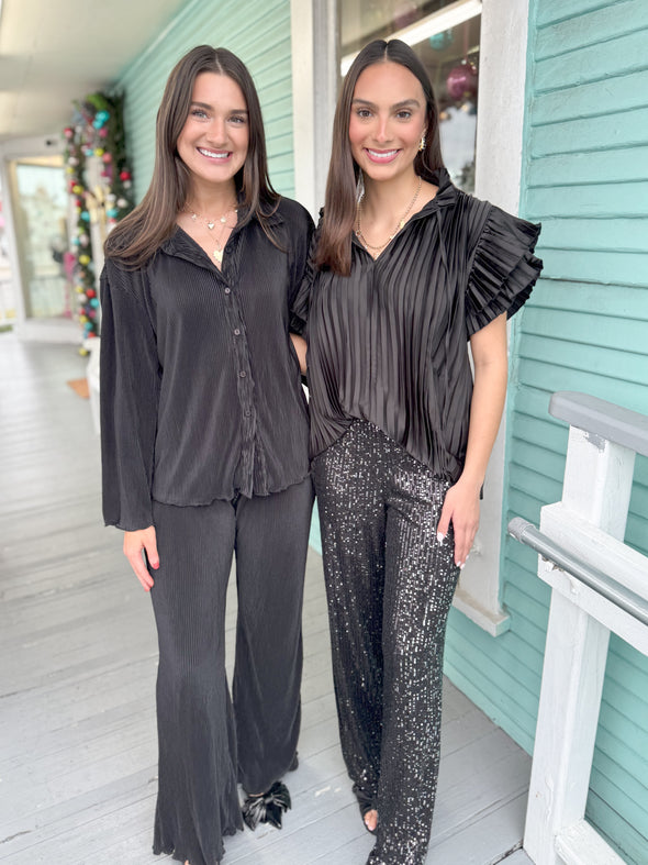 The Cristin Pleated Button Up Set-Black