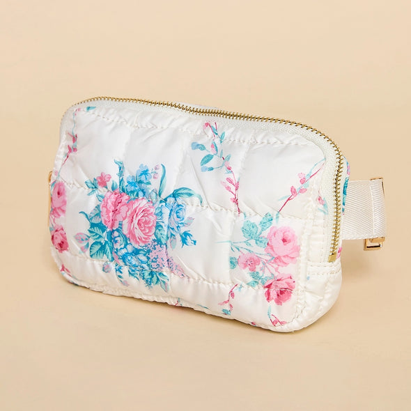 white floral quilted fanny pack 