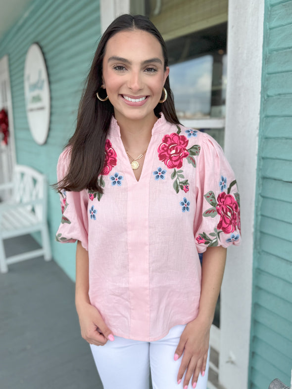 pink thml top with embroidered puff sleeves 