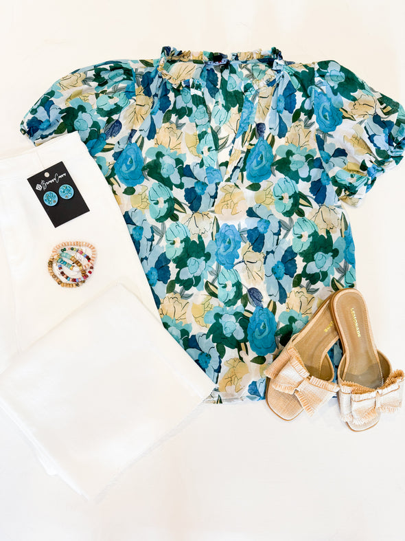 blue floral short sleeve top 