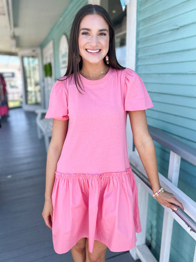 pink dress with contrasting ruffle skirt 