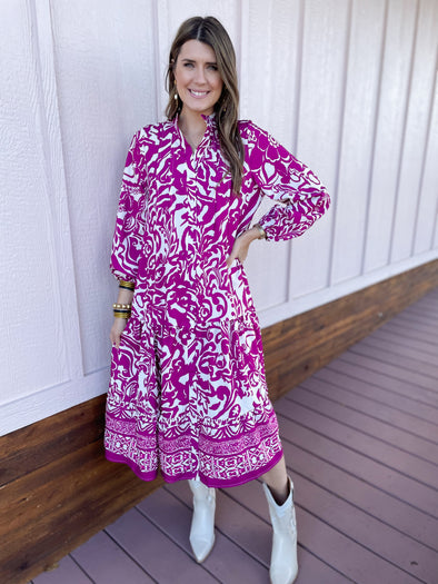 magenta patterned midi dress