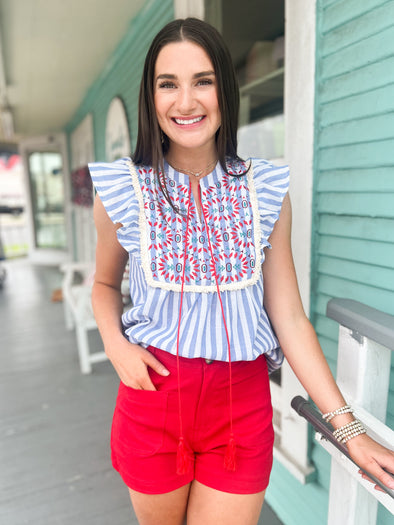 blue and white stripe with red embroidery top 
