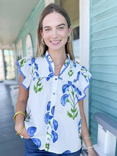 The Haley Floral Button Up Top-Blue