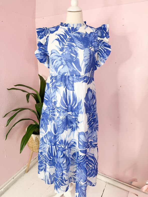 The Leaf Ruffle Midi Dress-Blue