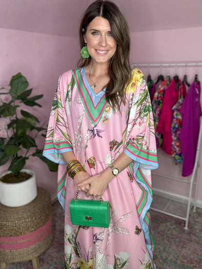 pink caftan with floral 
