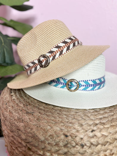 Natural hat and white hat with abstract band 