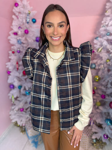 (THML) The Princeston Plaid Ruffle Puffer Vest-Navy