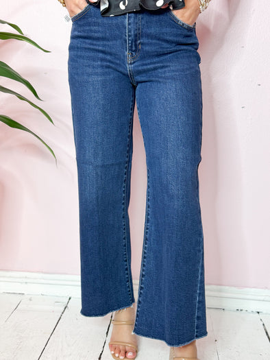 denim wide leg jeans 
