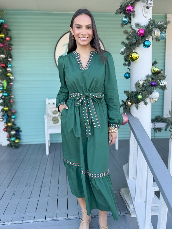 The Reba Embroidered Tiered Midi Dress-Green