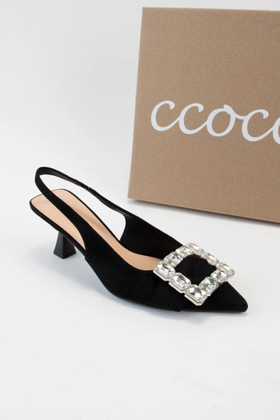 The Maela Rhinestone Buckle Slingback Heel-Black