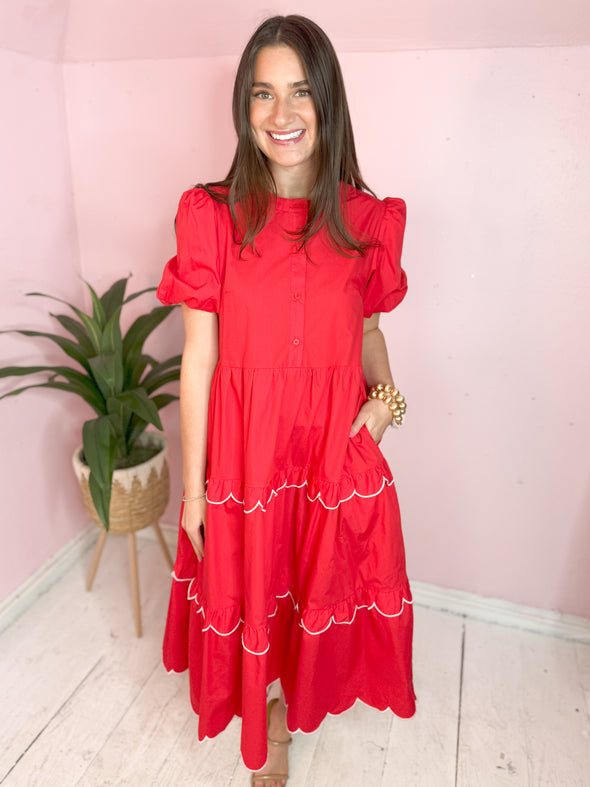 red scalloped dress