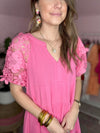 pink dress with 3d lace flower sleeves
