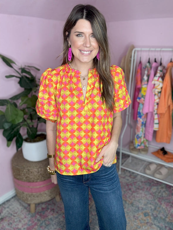 yellow and pink pattern top 
