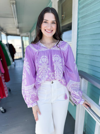 The Lilah Printed Linen Top-Lilac