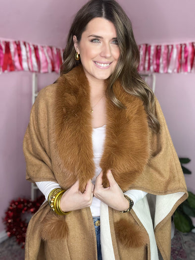 brown poncho with fur collar 