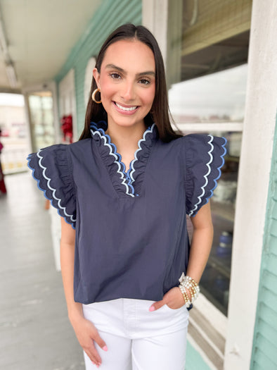 The Rowan Scalloped Top-Blue