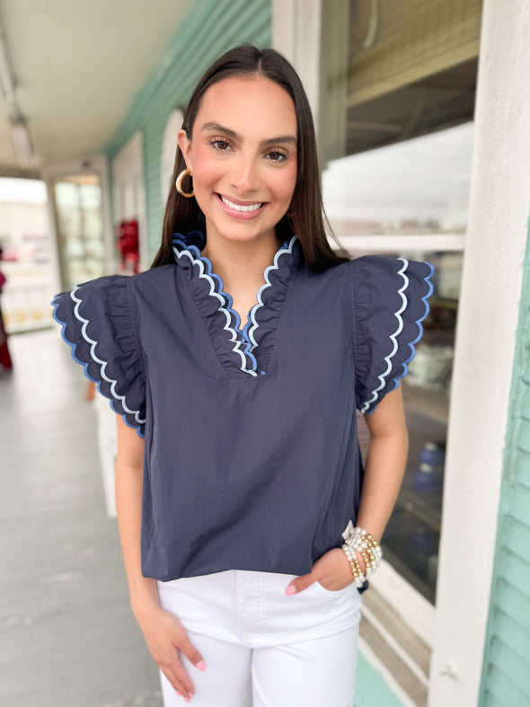 The Rowan Scalloped Top-Blue