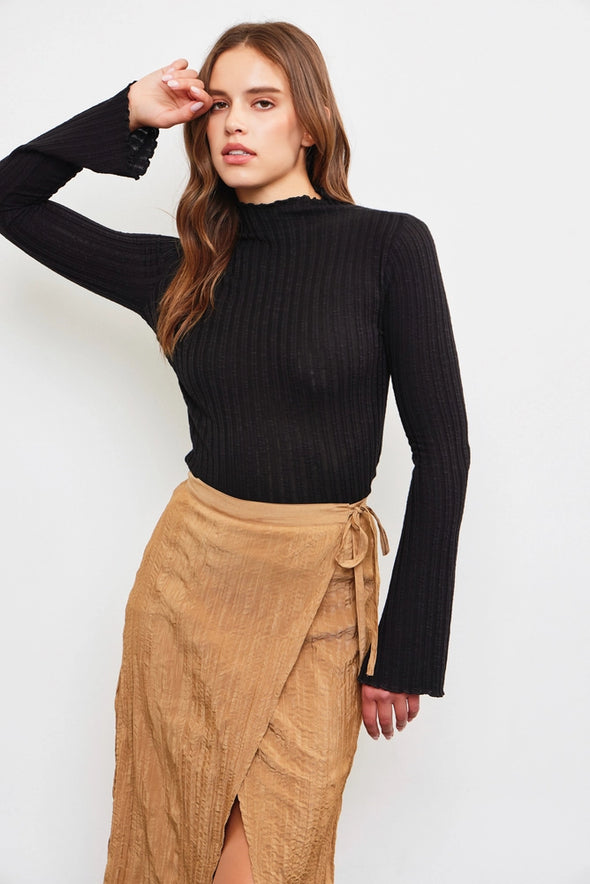 The Leigh Mock Neck Long Sleeve Top-Black