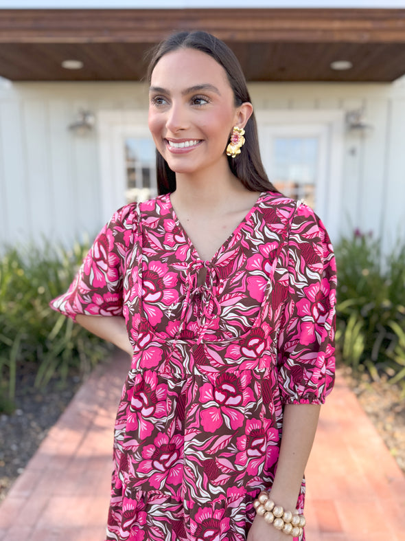 The Vivey Lovestruck Printed Ruffle Midi Dress-Pink