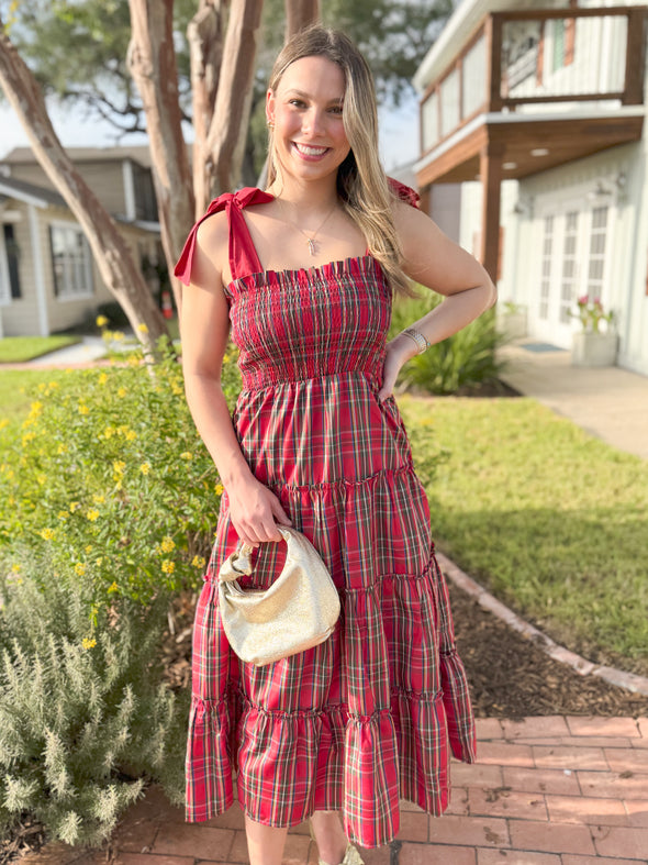 The Tamara Tie Strap Plaid Midi Dress-Red