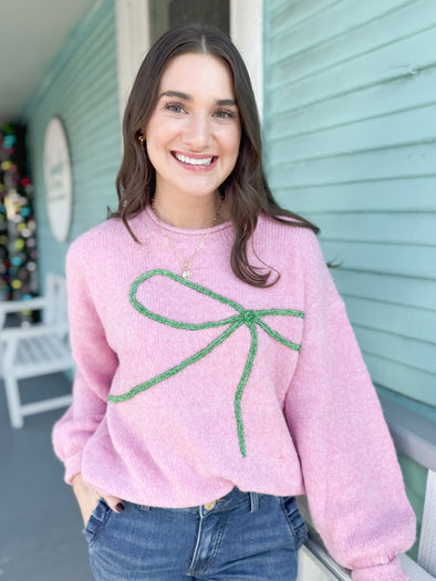 The Zellie Sparkle Bow Sweater-Pink