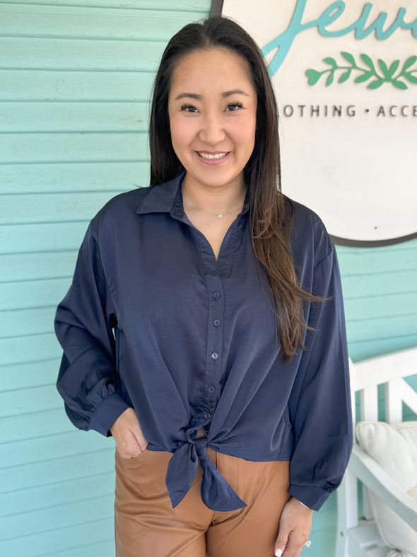 The Regan Satin Button Down Tie Top: Navy Top 