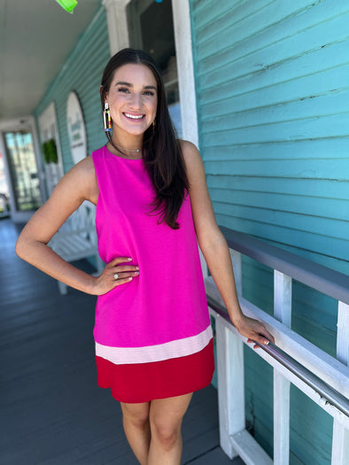 neon pink dress with red and natural stripe 