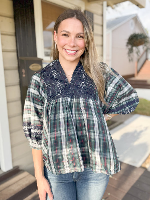 The Shelley Puff Sleeve Plaid Embroidered Tunic-Navy