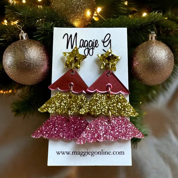 The Glitter Gold and Pink Christmas Tree Earrings