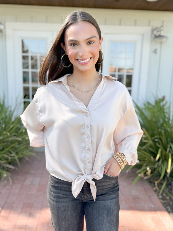 The Keira Champagne Satin Top: Beige Top 