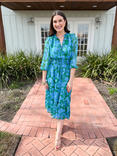 The Amren Floral Smocked Midi Dress-Blue